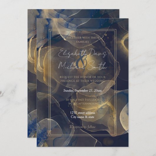 抽象芸術ダークブルー金ゴールド流体アー絵画ト 招待状 (正面/裏面)