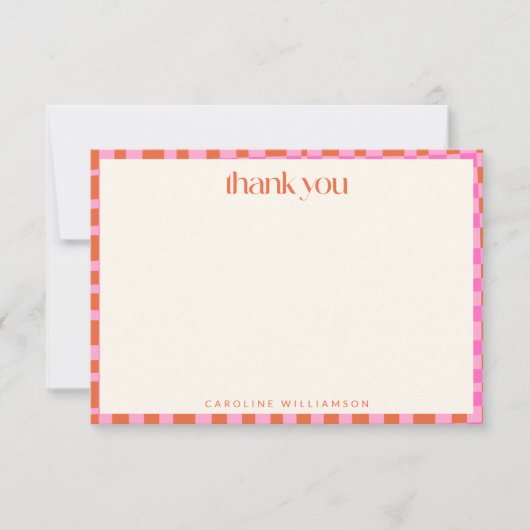 抽象芸術チェッカーボードピンクオレンジ名前をカスタムする サンキューカード (正面)