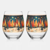 抽象芸術ツリーオレンジレッドイエローグリーン ステムなしワイングラス (裏面)