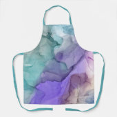 抽象芸術ティール(緑がかった色)とパープルアルコールのインクパターン エプロン (正面)