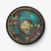 抽象芸術ティール（緑がかった色）とピンクのステンドグラス母の日 ペーパープレート (正面)