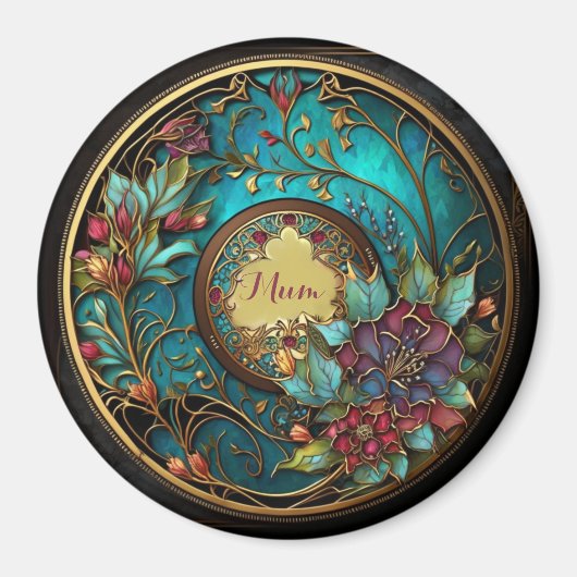 抽象芸術ティール(緑がかった色)とピンクのステンドグラス母の日 マグネット (正面)