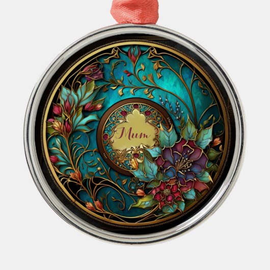 抽象芸術ティール（緑がかった色）とピンクのステンドグラス母の日 メタルオーナメント (正面)