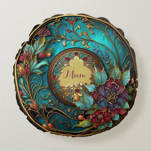 抽象芸術ティール(緑がかった色)とピンクのステンドグラス母の日 ラウンドクッション (正面)