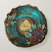 抽象芸術ティール(緑がかった色)とピンクのステンドグラス母の日 ラウンドクッション (裏面)