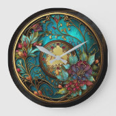 抽象芸術ティール(緑がかった色)とピンクのステンドグラス母の日 ラージ壁時計 (正面)