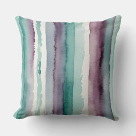 抽象芸術ティール（緑がかった色）と紫色の水彩ストライプ色 クッション