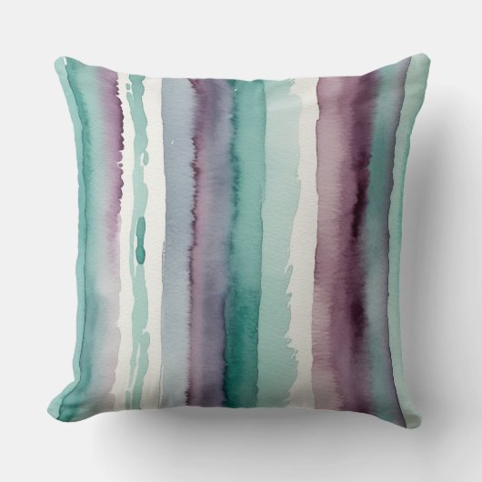 抽象芸術ティール(緑がかった色)と紫色の水彩ストライプ色 クッション (正面)