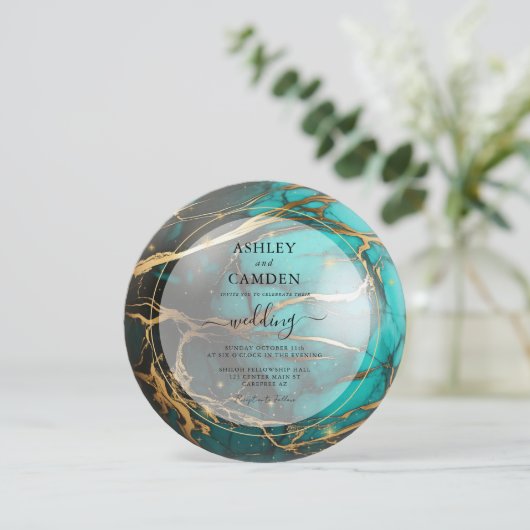 抽象芸術ティール（緑がかった色）と金ゴールドス結婚テラス 招待状 (スタンド正面)