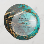 抽象芸術ティール(緑がかった色)と金ゴールドス結婚テラス 招待状 (正面/裏面)
