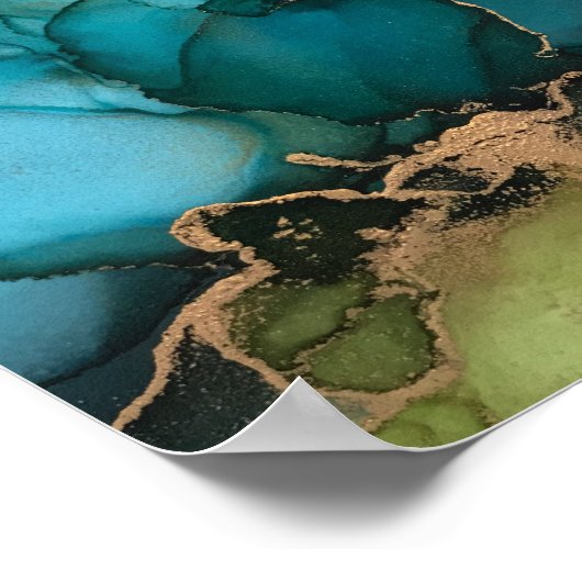 抽象芸術ティール（緑がかった色）アクアグリーンブラック金ゴールド ポスター (角)