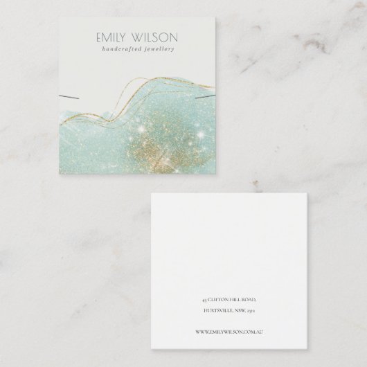 抽象芸術ティール(緑がかった色)グリーングリッターシャイニーイヤリングディスプレイ スクエア名刺 (正面/裏面)