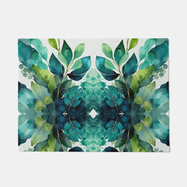 抽象芸術ティール（緑がかった色），グリーン，エメラルド，植物学 ドアマット (正面)