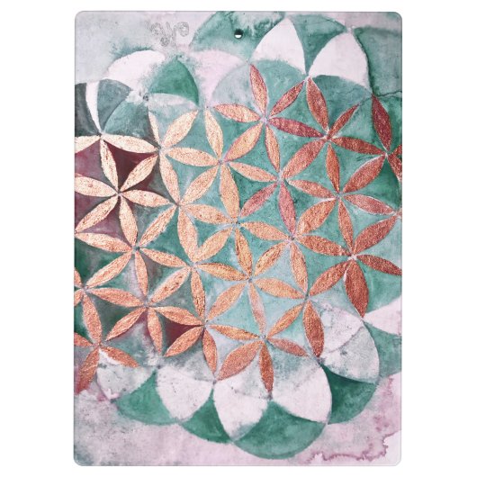 抽象芸術ティール（緑がかった色）バラ金ゴールド水色ロゼット模様 クリップボード (裏面)