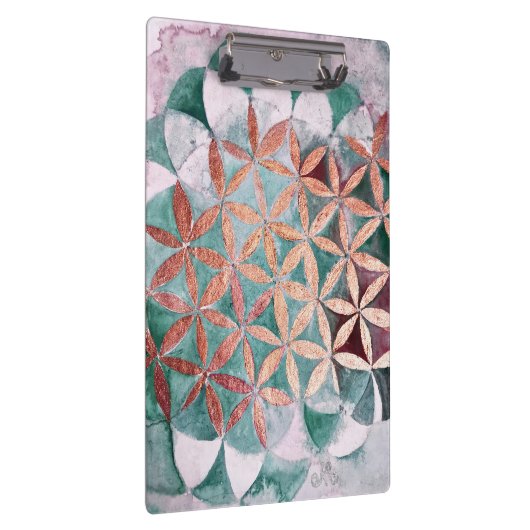抽象芸術ティール（緑がかった色）バラ金ゴールド水色ロゼット模様 クリップボード (右)