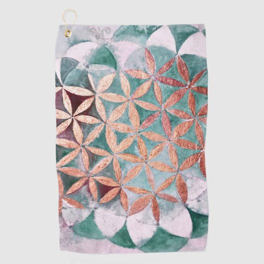抽象芸術ティール（緑がかった色）バラ金ゴールド水色ロゼット模様 ゴルフタオル (正面)