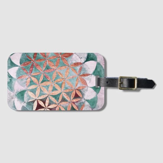 抽象芸術ティール（緑がかった色）バラ金ゴールド水色ロゼット模様 ラゲッジタグ (正面横)