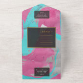 抽象芸術ティール(緑がかった色)ピンクオールインワン招待状 オールインワン招待状 (外側)