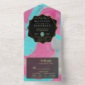 抽象芸術ティール(緑がかった色)ピンクオールインワン招待状 オールインワン招待状 (内側)