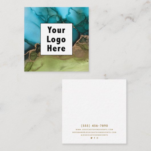 抽象芸術ティール(緑がかった色)ブラックメタリック金ゴールドあなたのロゴを追加 スクエア名刺 (正面/裏面)