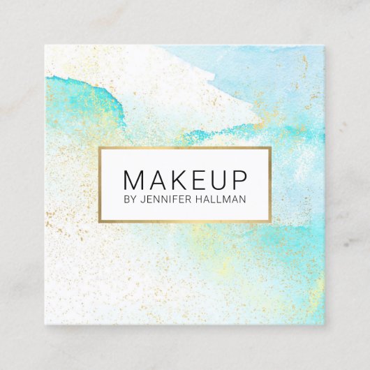 抽象芸術ティール(緑がかった色)ブルーウォーター色フェイク金ゴールドダスト スクエア名刺 (正面)