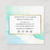 抽象芸術ティール(緑がかった色)ブルーウォーター色フェイク金ゴールドダスト スクエア名刺 (裏面)