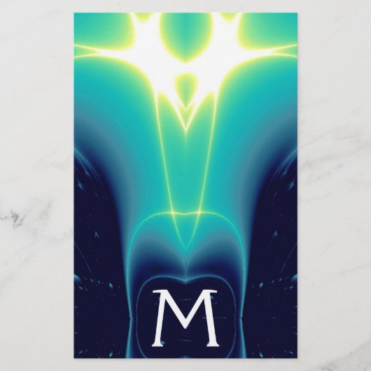 抽象芸術ティール(緑がかった色)ブルーターコイズ光波モノグラム 便箋 (正面)