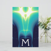 抽象芸術ティール(緑がかった色)ブルーターコイズ光波モノグラム 便箋 (スタンド正面)