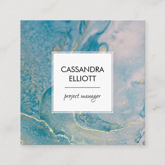 抽象芸術ティール（緑がかった色）ブルー&金ゴールドアルコールインクリキッドアート スクエア名刺 (正面)