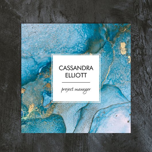 抽象芸術ティール（緑がかった色）ブルー&金ゴールドアルコールインクリキッドアート スクエア名刺