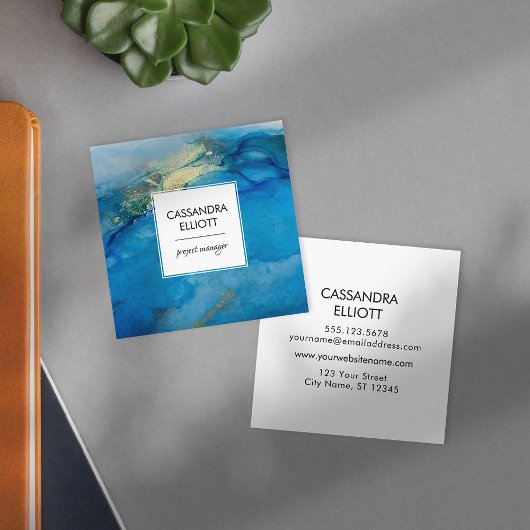 抽象芸術ティール(緑がかった色)ブルー&金ゴールドアルコールインクリキッドアート スクエア名刺