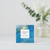 抽象芸術ティール(緑がかった色)ブルー&金ゴールドアルコールインクリキッドアート スクエア名刺 (スタンド正面)