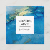 抽象芸術ティール(緑がかった色)ブルー&金ゴールドアルコールインクリキッドアート スクエア名刺 (正面)