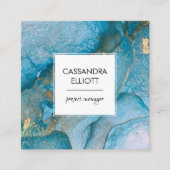 抽象芸術ティール（緑がかった色）ブルー&金ゴールドアルコールインクリキッドアート スクエア名刺 (正面)