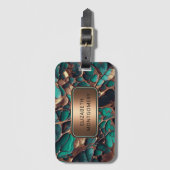 抽象芸術ティール(緑がかった色)及びブロンズ銘板付き金ゴールド ラゲッジタグ (正面縦)
