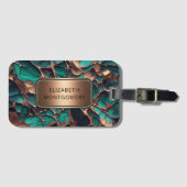 抽象芸術ティール(緑がかった色)及びブロンズ銘板付き金ゴールド ラゲッジタグ (正面横)