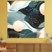 抽象芸術ティール（緑がかった色）及び赤面ピンクモダンデザイン キャンバスプリント (インサイチュ (リビング))