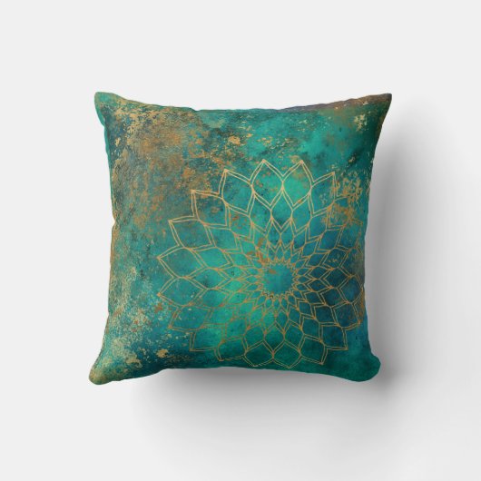 抽象芸術ティール(緑がかった色)水彩金ゴールドグランジ曼荼羅 クッション (裏面)