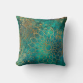 抽象芸術ティール（緑がかった色）水彩金ゴールドグランジ曼荼羅 クッション (正面)