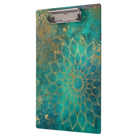 抽象芸術ティール(緑がかった色)水彩金ゴールドグランジ曼荼羅 クリップボード (左)