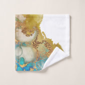 抽象芸術ティール(緑がかった色)金ゴールド瑪瑙の水色 バスタオルセット (ウォッシュタオル)