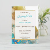 抽象芸術ティール(緑がかった色)金ゴールド瑪瑙ウォーターカラー誕生日 招待状 (スタンド正面)