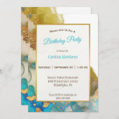 抽象芸術ティール(緑がかった色)金ゴールド瑪瑙ウォーターカラー誕生日 招待状 (正面/裏面)