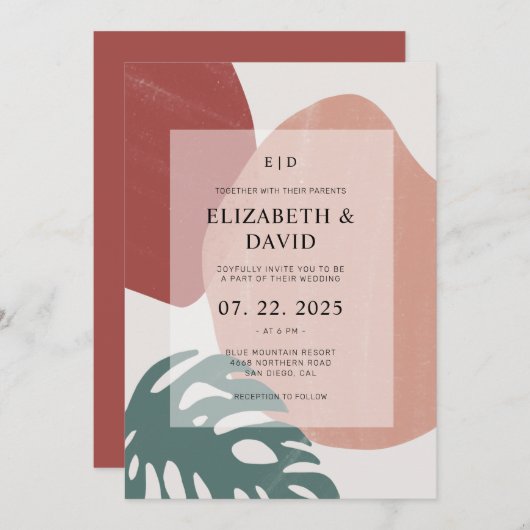 抽象芸術テラコッタモンステラリモダンーフ結婚ズ 招待状 (正面/裏面)