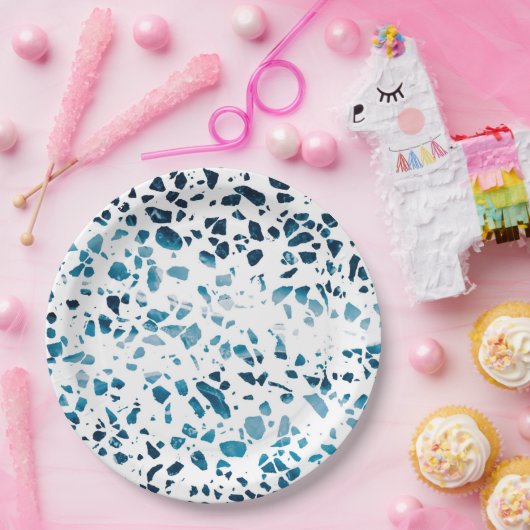 抽象芸術テラゾモザイクネイビー&ライトブルーパターン ペーパープレート (パーティー)