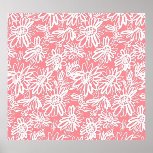 抽象芸術デイジースケッチ、モノクロパターン ポスター (正面)