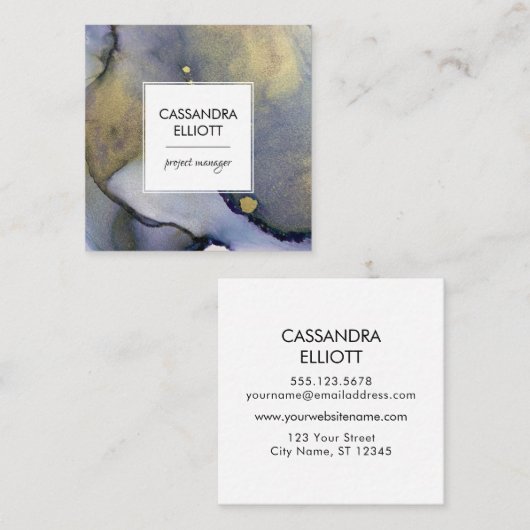 抽象芸術デニムブルー&金ゴールドアルコールインクリキッドアート スクエア名刺