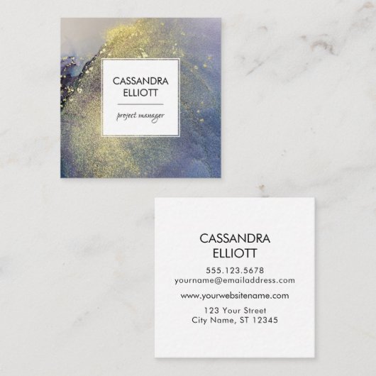 抽象芸術デニムブルー&金ゴールドアルコールインクリキッドアート スクエア名刺 (正面/裏面)