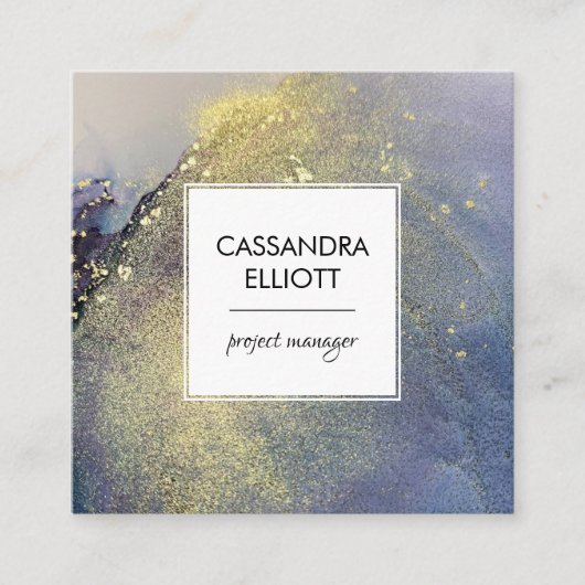 抽象芸術デニムブルー&金ゴールドアルコールインクリキッドアート スクエア名刺 (正面)