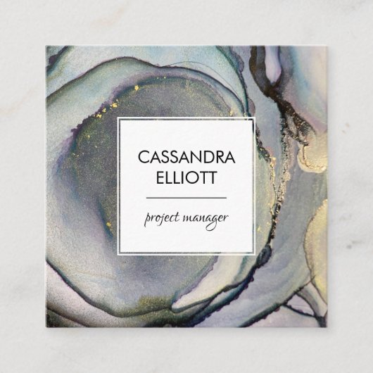 抽象芸術デニムブルー&金ゴールドアルコールインクリキッドアート スクエア名刺 (正面)